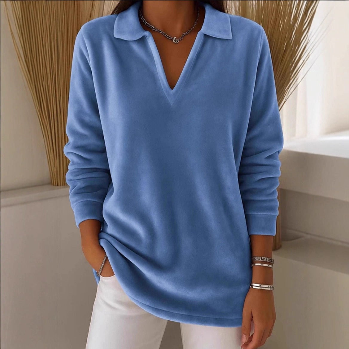 Damen Fleece Pullover V-Ausschnitt Weich Eveloria