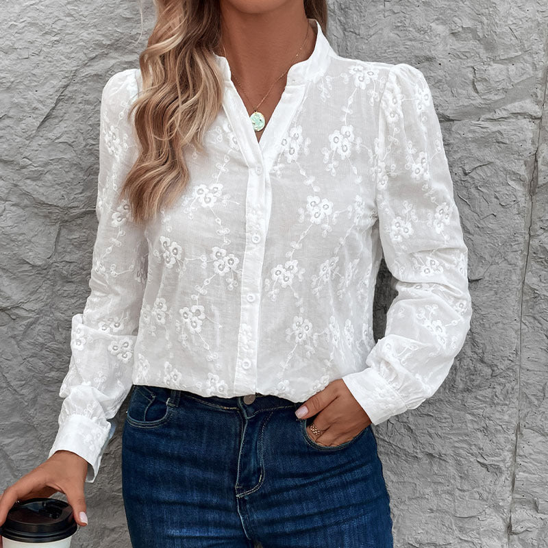 Damen Bluse Florales Stickdesign Puffärmel Elegant - Eveloria
