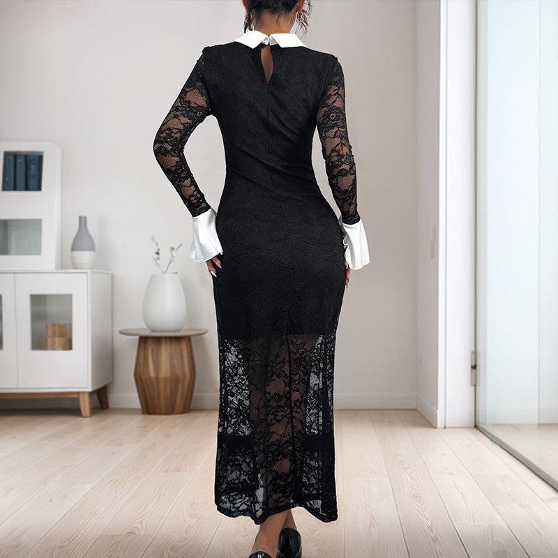 Damen Spitzenkleid Dekorativer Kragen Transparente Ärmel