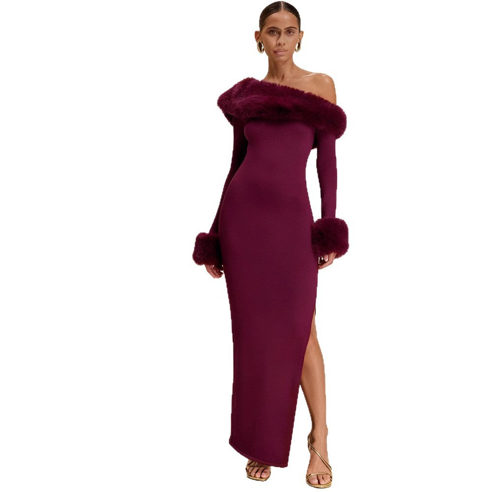 Damen Maxikleid Langarm Schulterfrei mit Fellakzenten