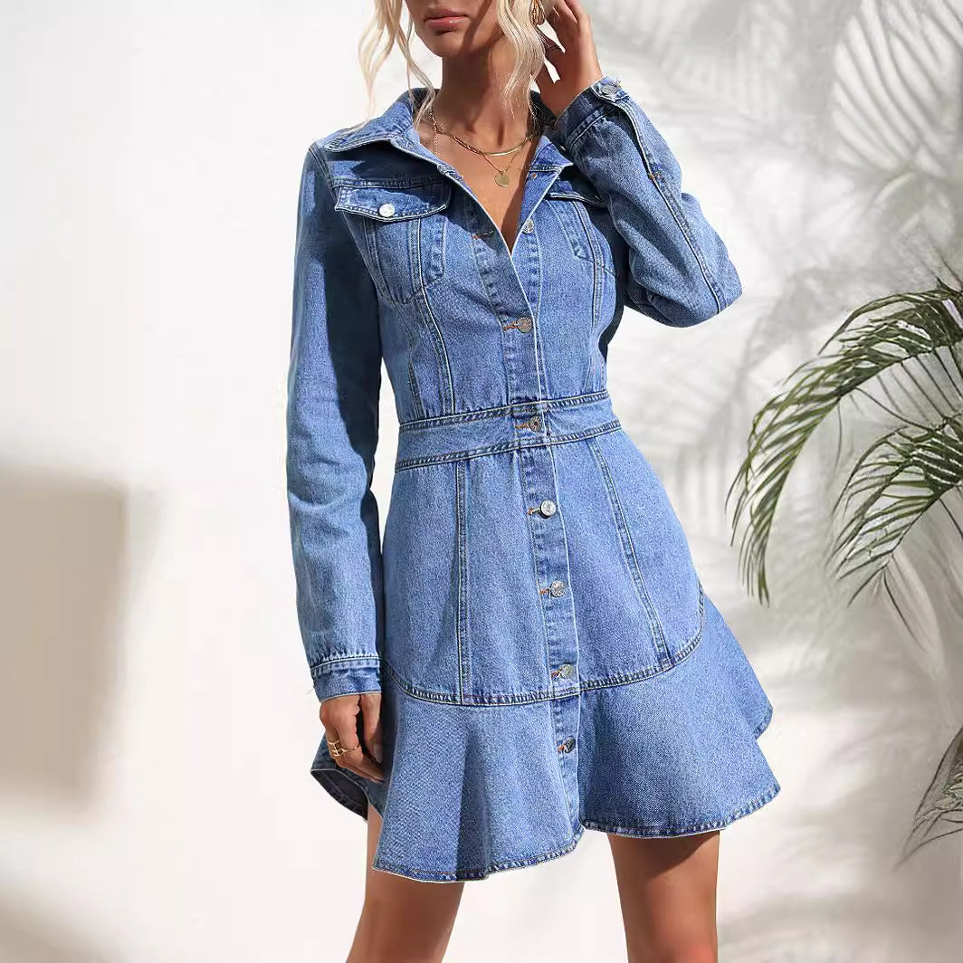 Damen Jeanskleid Moderner Denim-Stil Tailliert
