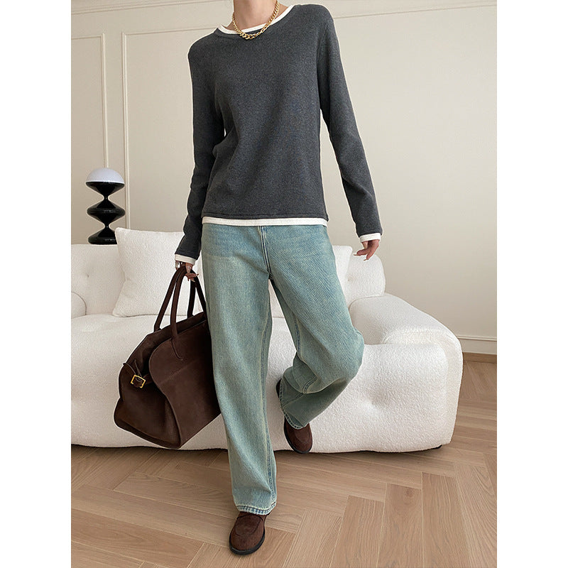 Damen Pullover mit Kontrastdetails Feinripp