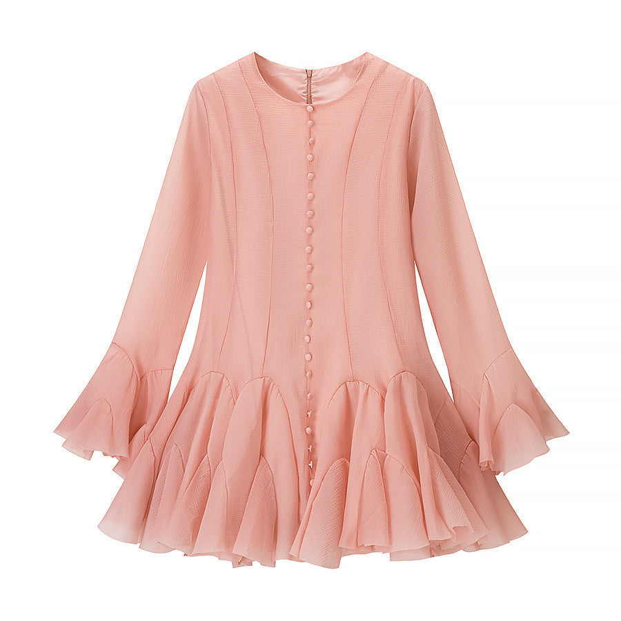 Damen Volantkleid Länge Langärmelig Knöpfe Eveloria