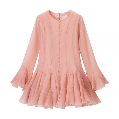 Damen Volantkleid Länge Langärmelig Knöpfe Eveloria
