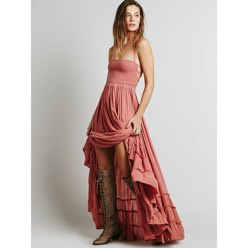 Damen Maxikleid Luftig Rüschengesäumt Hochgeschnitten Eveloria