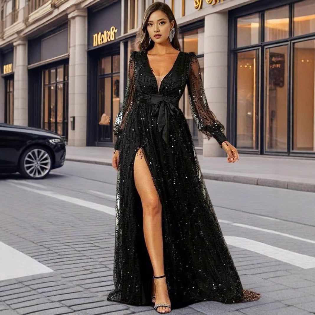Damen Abendkleid Pailletten Tiefes Dekolleté Schwarz - Eveloria