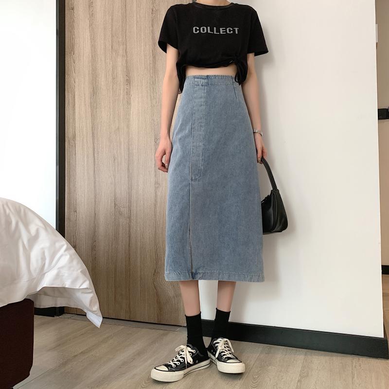 Damen Jeansrock Midi mit Schlitz Eveloria