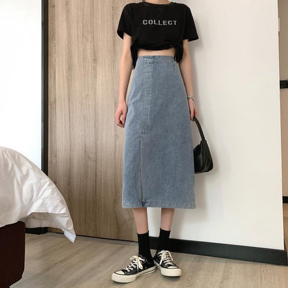 Damen Jeansrock Midi mit Schlitz Eveloria