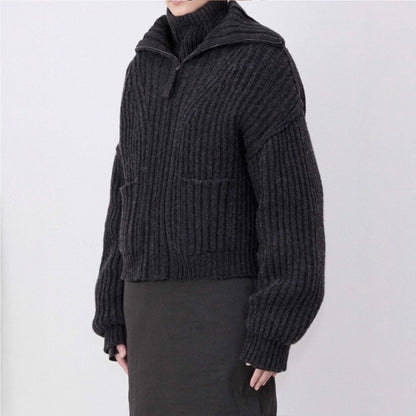 Damen Grobstrickpullover Hochkragen Praktische Taschen Eveloria