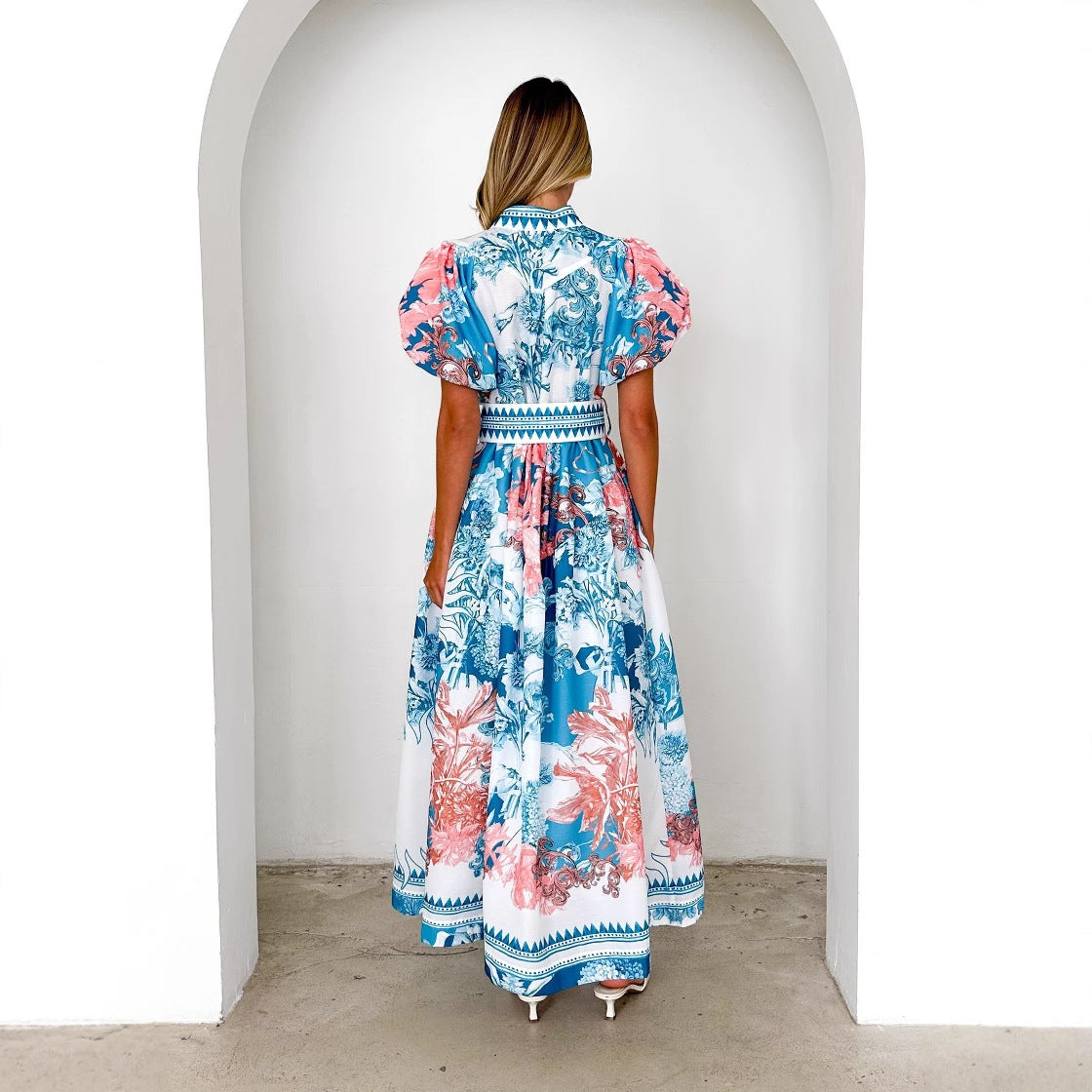 Damen Maxikleid Floralmuster Voluminöse Ärmel Eveloria