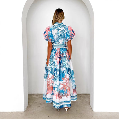 Damen Maxikleid Floralmuster Voluminöse Ärmel Eveloria