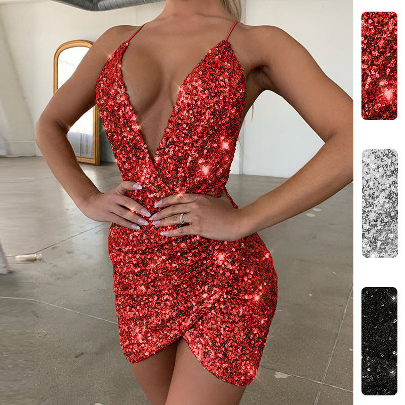 Damen Partykleid V-Ausschnitt Paillettenbesatz Schwarz Eveloria - Eveloria