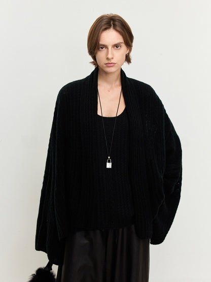 Damen Strickponcho Feine Wolle Luftig Beige