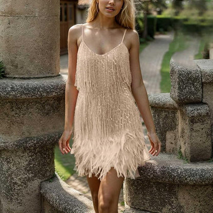 Damen Minikleid V-Ausschnitt Fransen