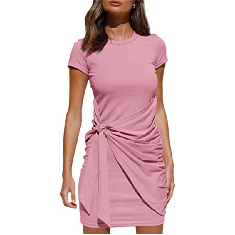 Damen Wickelkleid Kurzarm Raffung Knoten Detail Eveloria