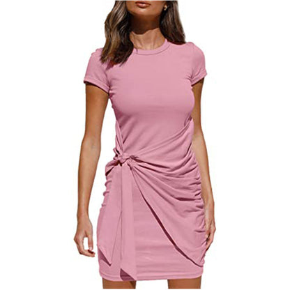 Damen Wickelkleid Kurzarm Raffung Knoten Detail Eveloria