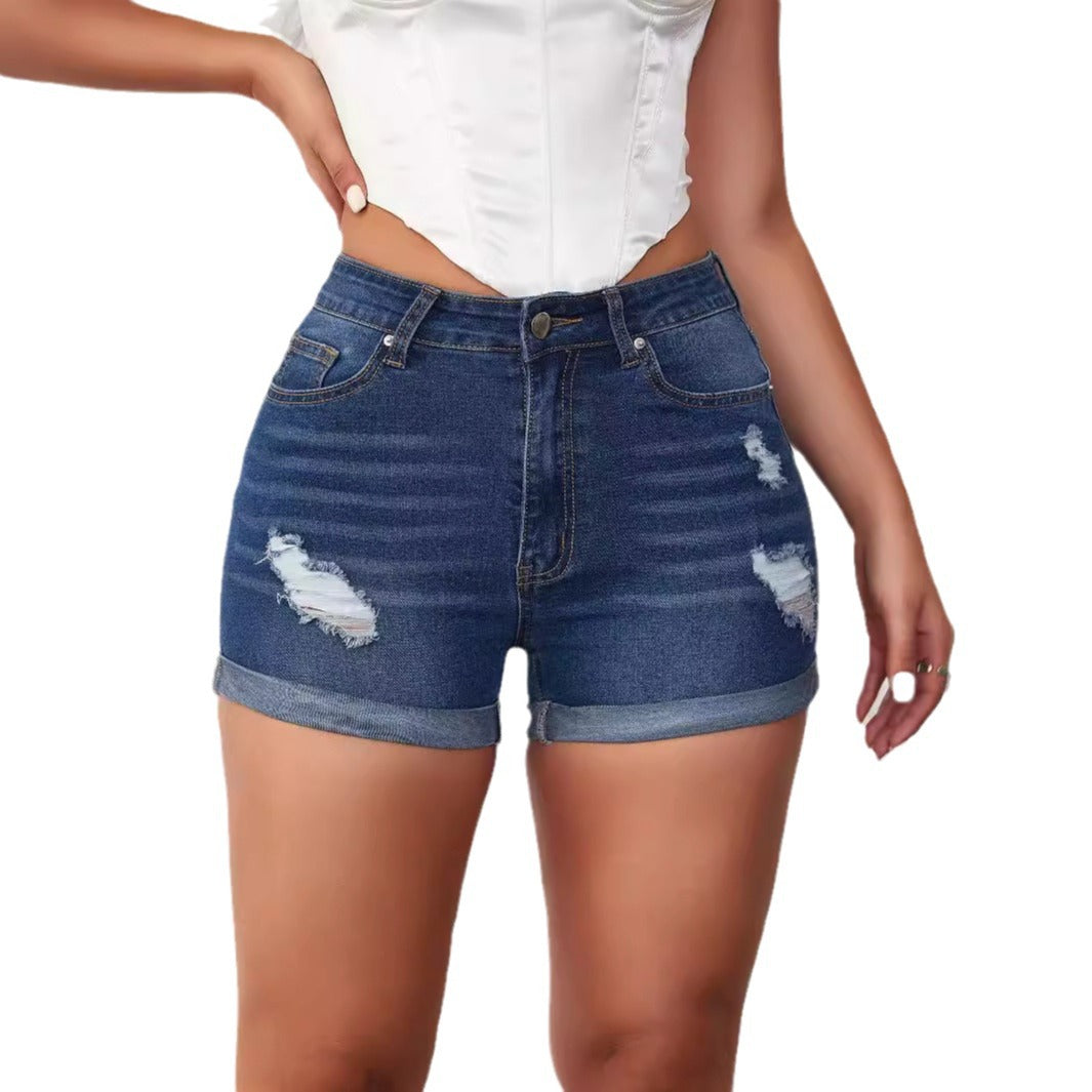Damen High-Waist Denim-Shorts mit ausgefransten Details Blau Eveloria