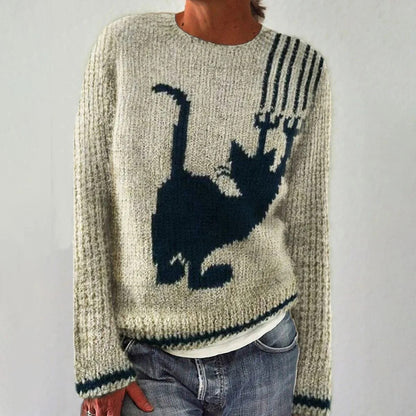 Damen Pullover Fuchs-Motiv Gestreifte Ärmel Kuschelig Grün - Eveloria
