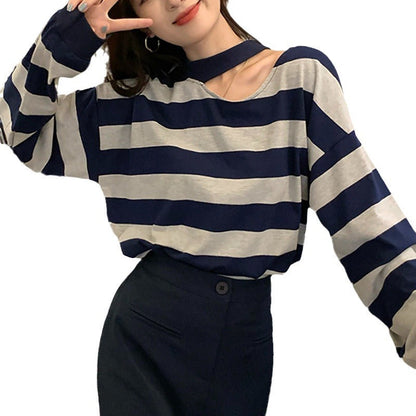 Damen Langarmshirt Streifenmuster V-Ausschnitt