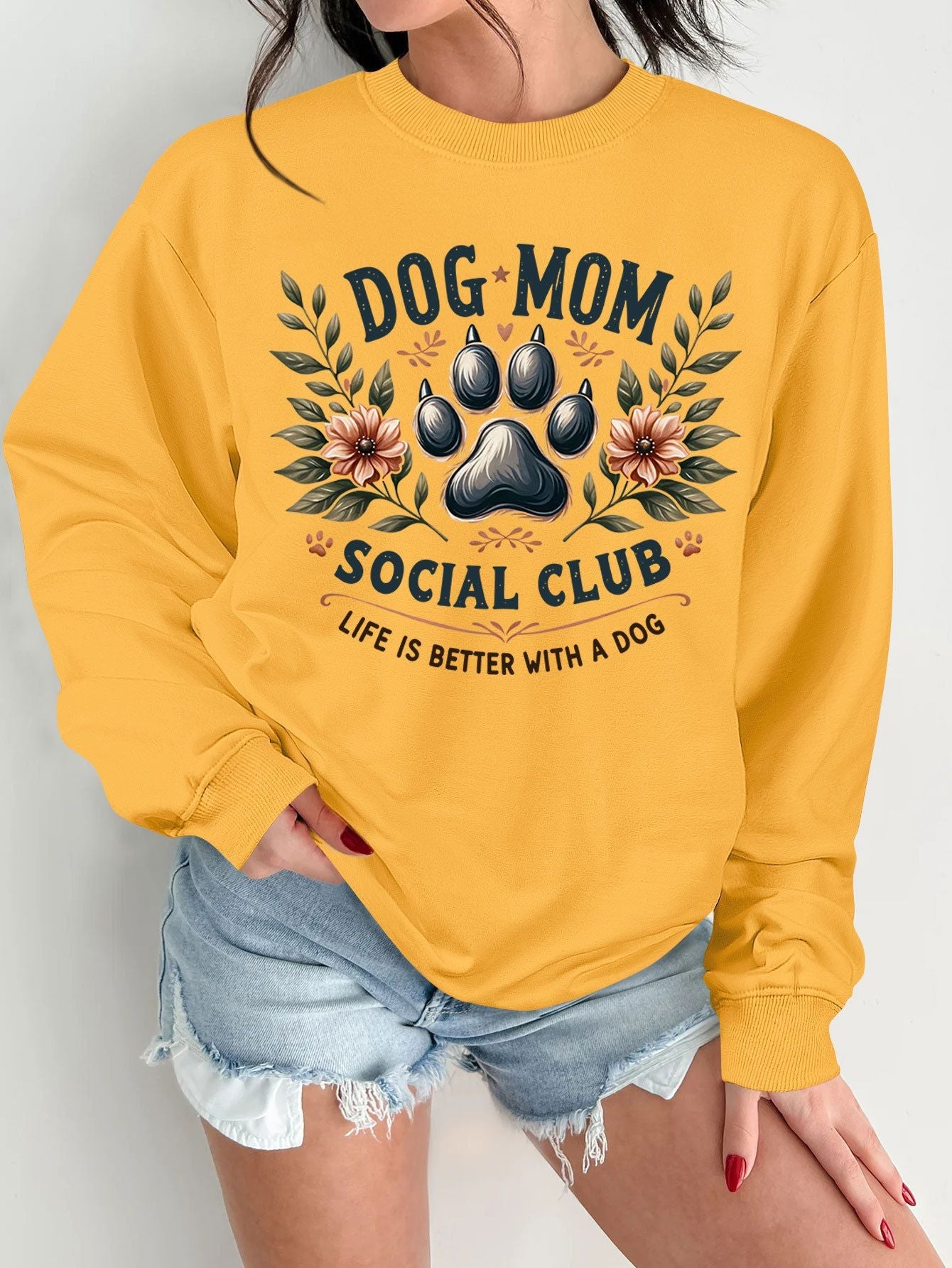 Damen Sweatshirt Hundemotiv Aufdruck Grau