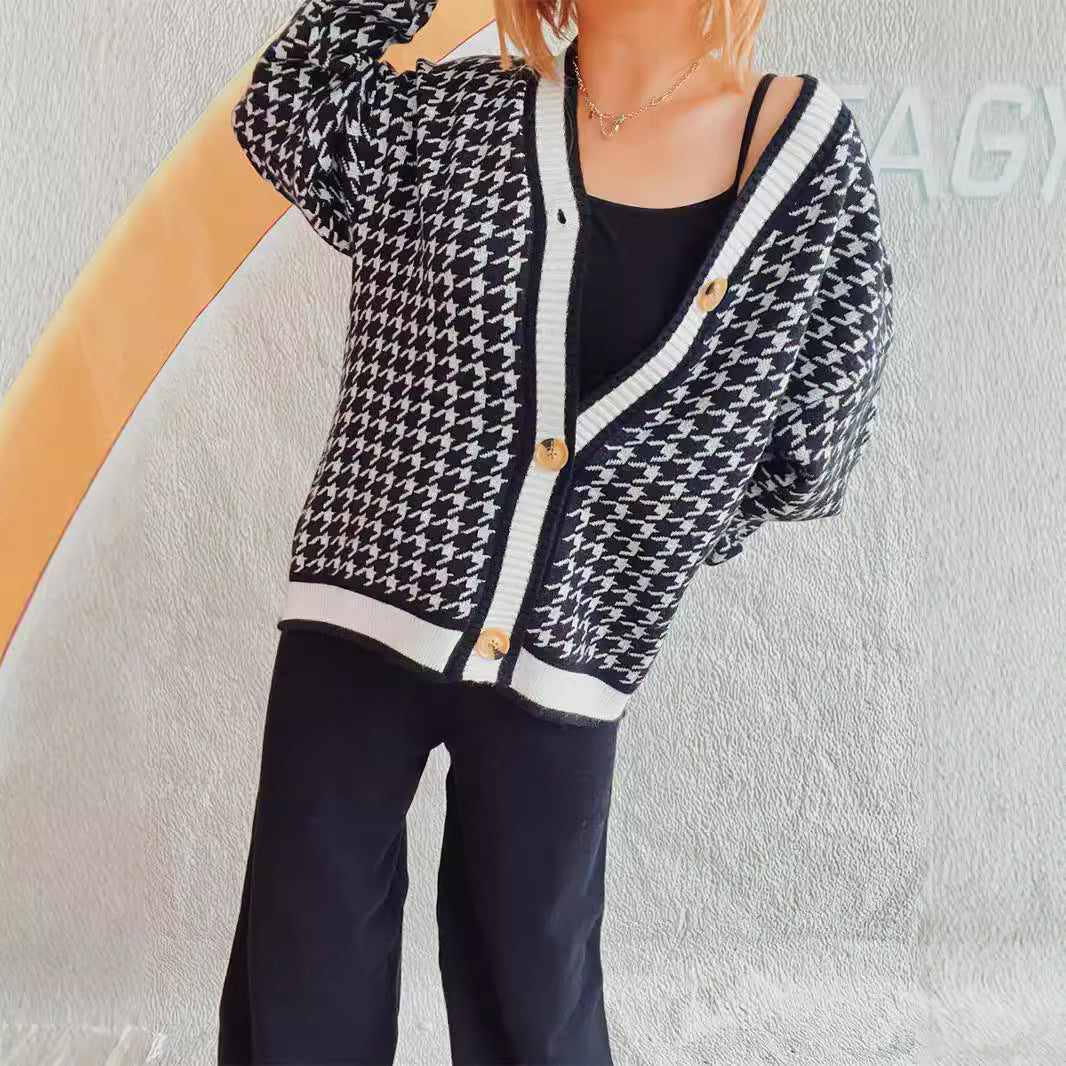 Damen Strickjacke Hahnentrittmuster Dekorative Knöpfe Eveloria