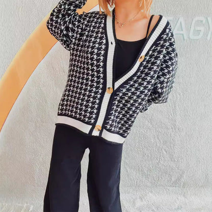 Damen Strickjacke Hahnentrittmuster Dekorative Knöpfe Eveloria