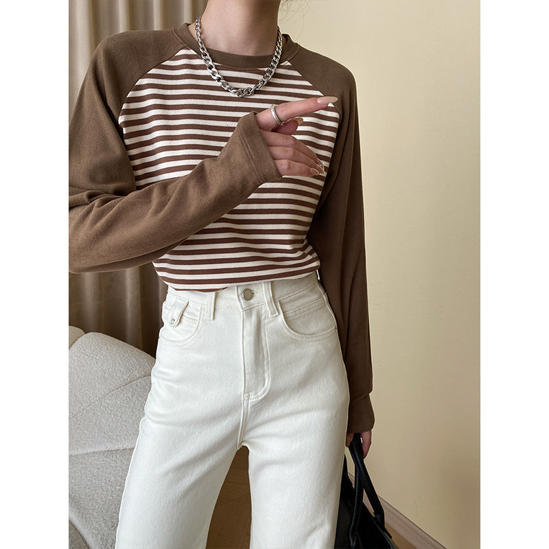 Damen Langarmshirt Gestreift Raglanärmel Modisch Weiß/