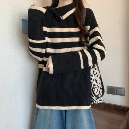 Damen Strickpullover Asymmetrischer Kragen Streifenmuster Eveloria