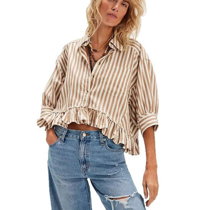 Damen Bluse Gestreift Volantabschluss Lässig