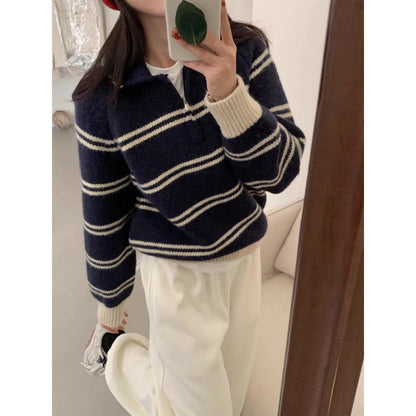 Damen Strickpullover Halbreißverschluss Gestreift Eveloria