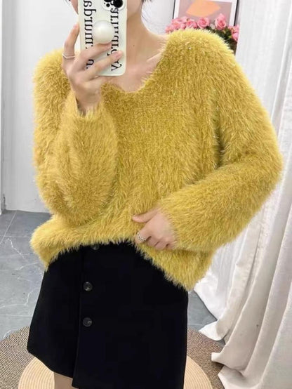 Damen Pullover V-Ausschnitt Flausch langarm Glitzer Eveloria