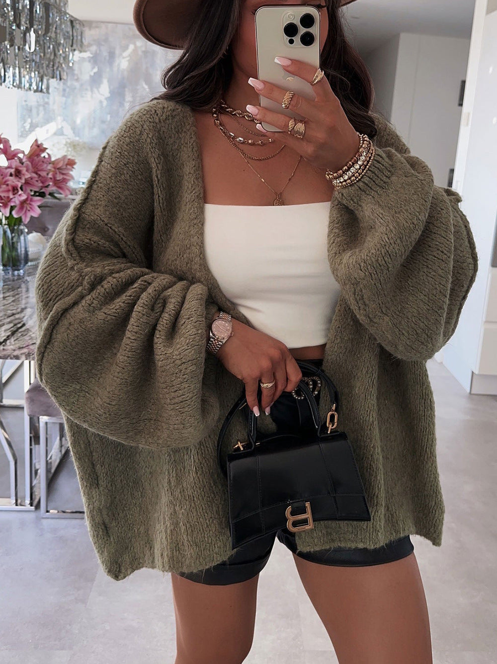 Damen Strickjacke Oversize Voluminöse Ärmel Beige
