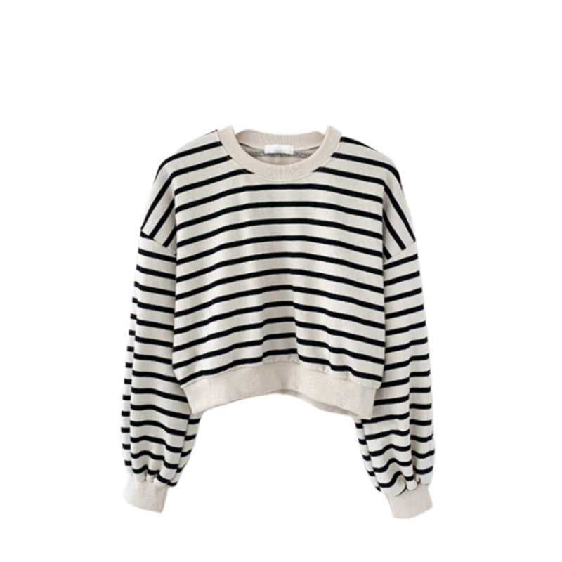 Damen Sweatshirt Gestreift Lässig Puffärmel Grau