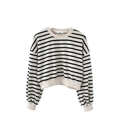 Damen Sweatshirt Gestreift Lässig Puffärmel Grau