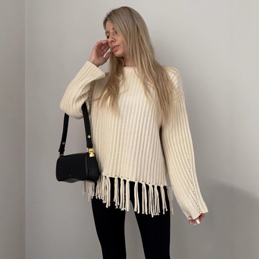 Damen Grobstrickpullover Fransen Weite Ärmel Beige