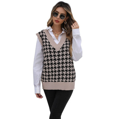 Damen Strickpullover V-Ausschnitt Hahnentrittmuster Eveloria