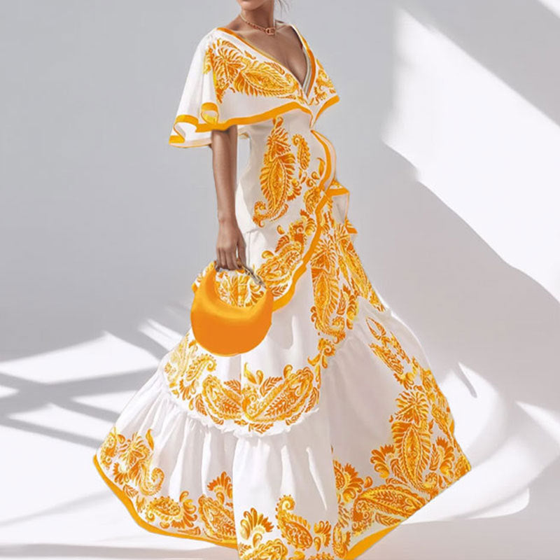 Damen Maxikleid Voluminöse Ärmel Paisleymuster Eveloria