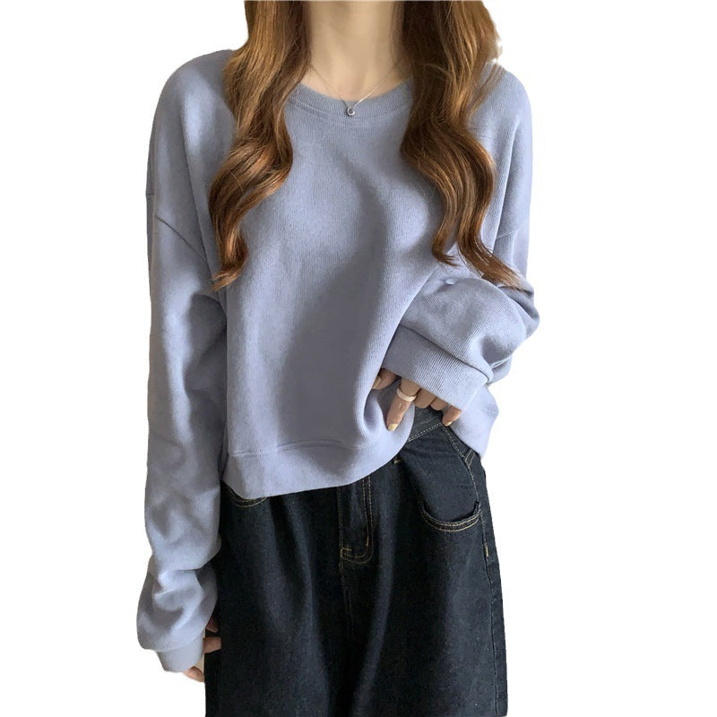 Damen Cropped Pullover Weicher Baumwollmix Rundhalsausschnitt Beige