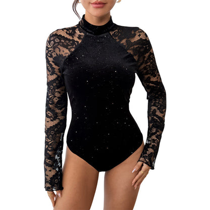 Damen Langarmshirt Spitzenärmel Glitzernd Eveloria
