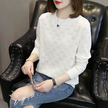 Damen Strickpullover Elegantes Lochmuster Weiss
