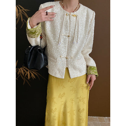 Damen Bouclé-Jacke mit Pailletten und Kontrastärmeln Eveloria