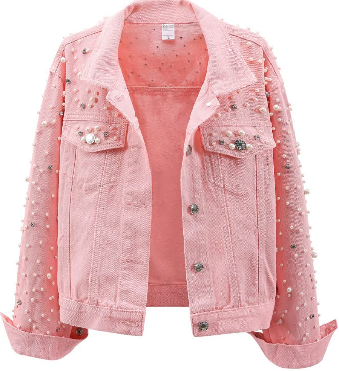 Damen Denimjacke Perlenverzierungen Blau Eveloria