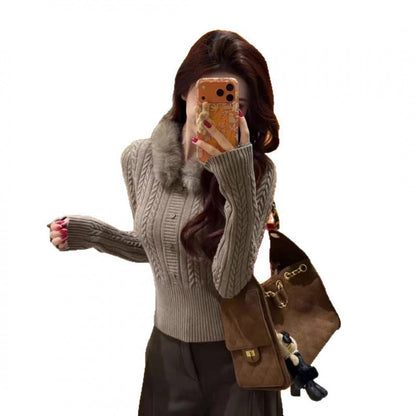 Damen Strickpullover Fellkragen Elegante Knöpfe Beige