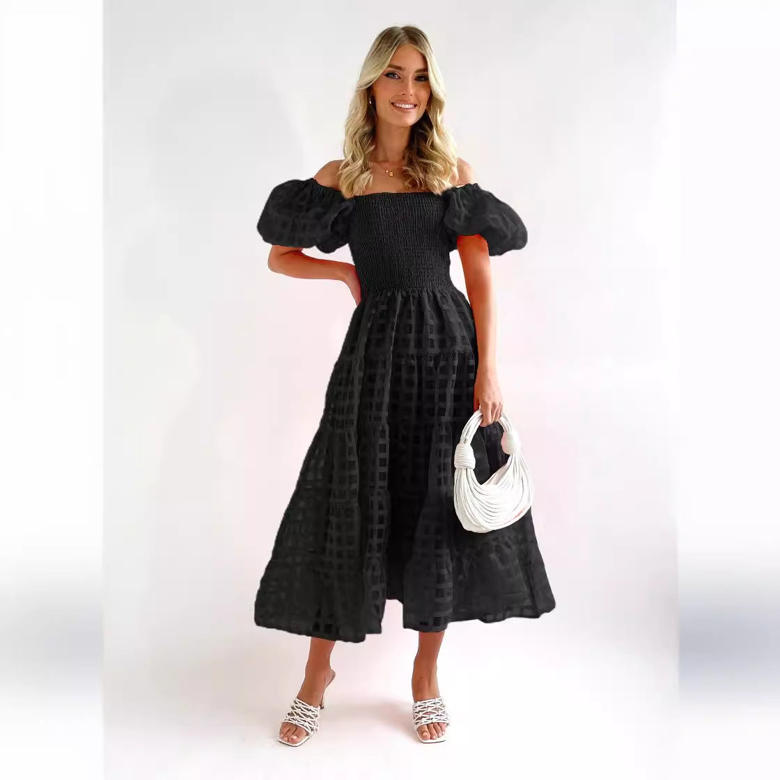 Damen Maxi-Kleid Puffärmel Elastisch Eveloria