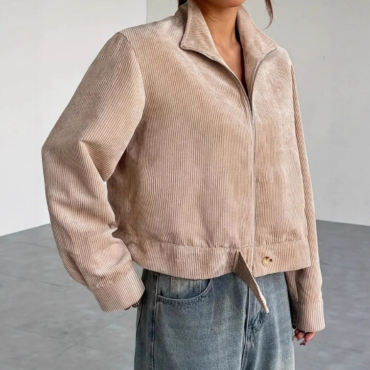 Damen Cordjacke Cropped Relaxed Fit Reißverschluss