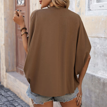Damen Oberteil V-Ausschnitt Luftig Leichter Stoff Beige