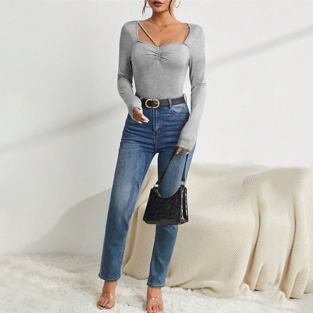 Damen Langarm-Bodysuit V-Ausschnitt mit Schulterdetails