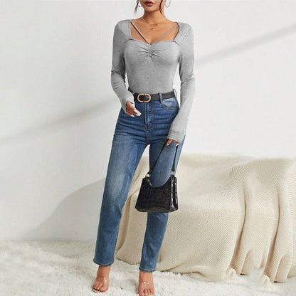 Damen Langarm-Bodysuit V-Ausschnitt mit Schulterdetails