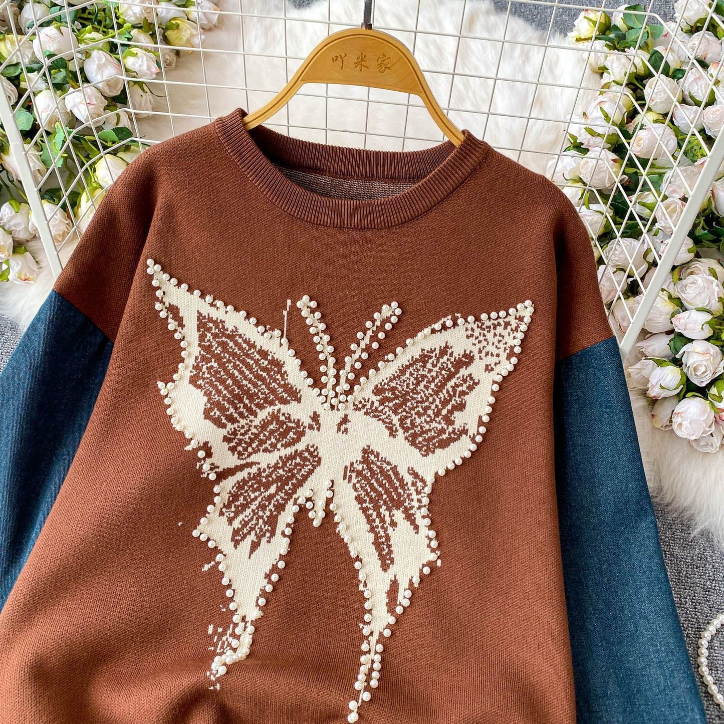 Damen Pullover Schmetterlingsmuster Denim Ärmel Blau