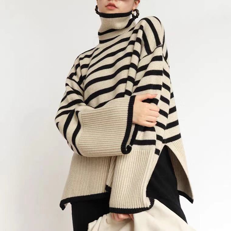 Damen Rollkragenpullover Grobgestrickt Maritimes Streifenmuster Beige - Eveloria